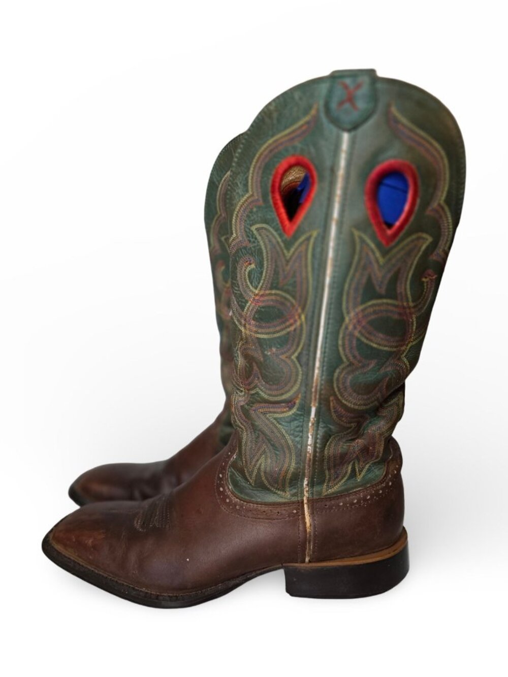Womens Western Leather Cowboy Boots Size 8.5 B Brown Green Embroidered Snip Toe
